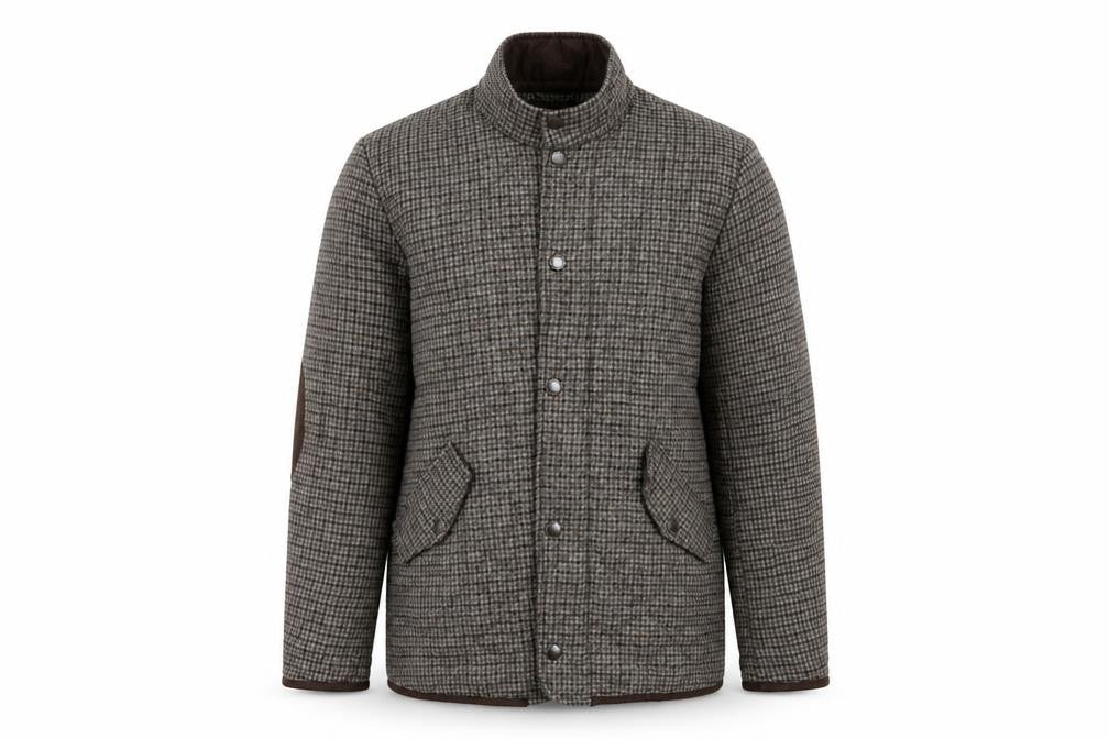 Front view of Sterling men’s brown plaid quilted coat, size S, zip