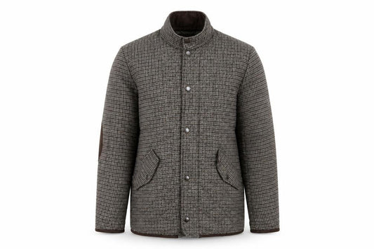 Front view of Sterling men’s brown plaid quilted coat, size S, zip