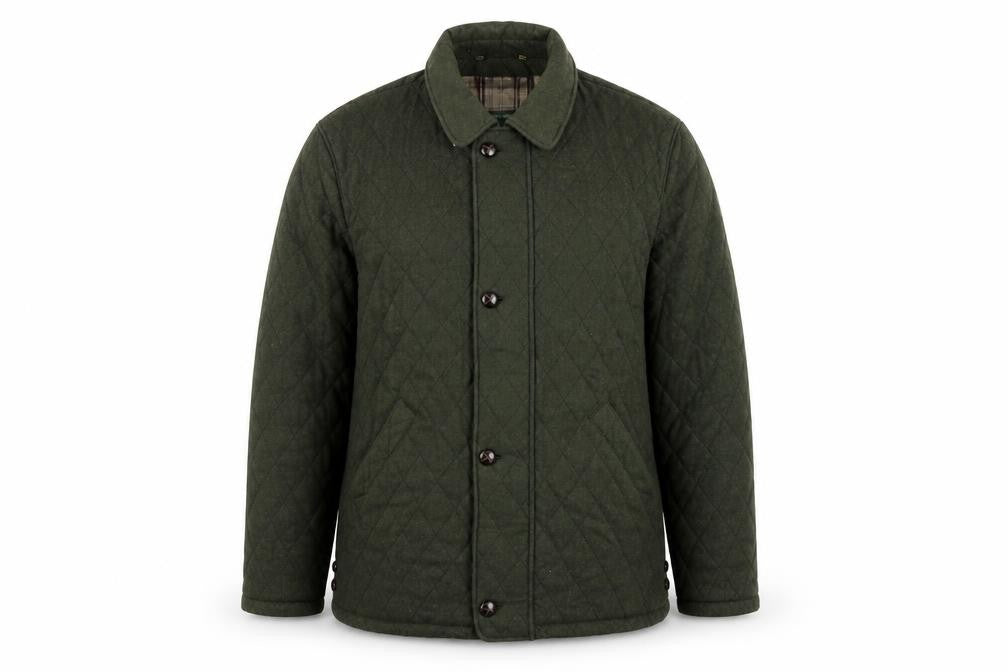 Front view of Rowlands men’s green quilted coat, size XL, button