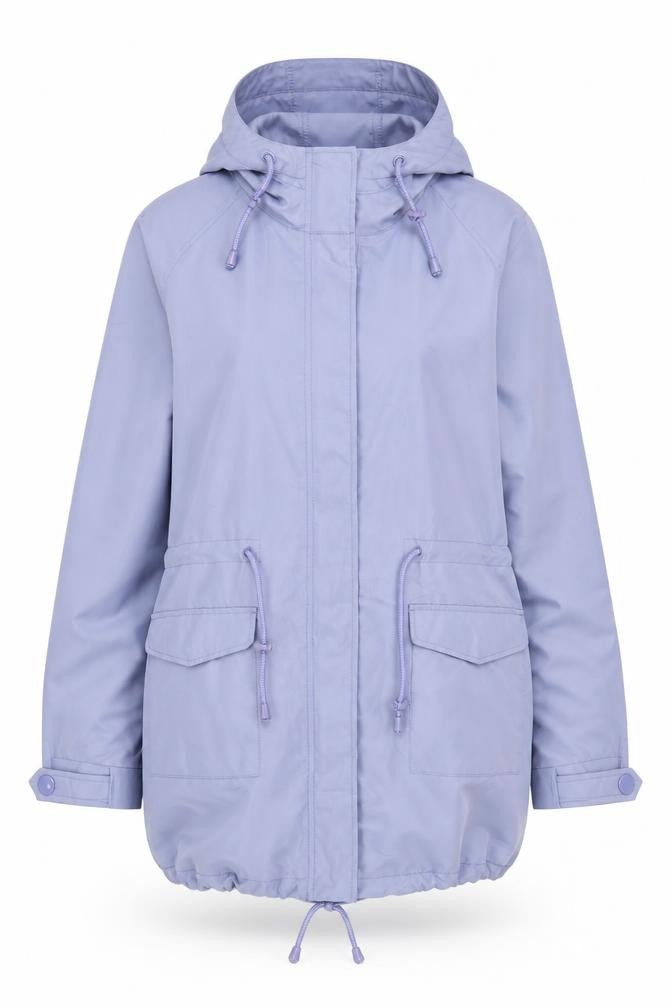 Front view of Maine New England women’s blue rain coat coat, size UK 14, zip