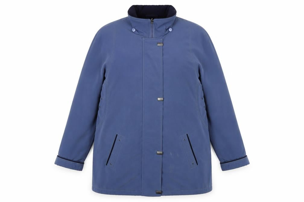 Front view of EWM women’s blue rain coat coat, size UK 16, zip