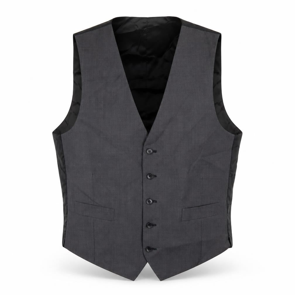 Front view of Marks & Spencer men’s grey polyester jacket suit waistcoat, size 38, regular
