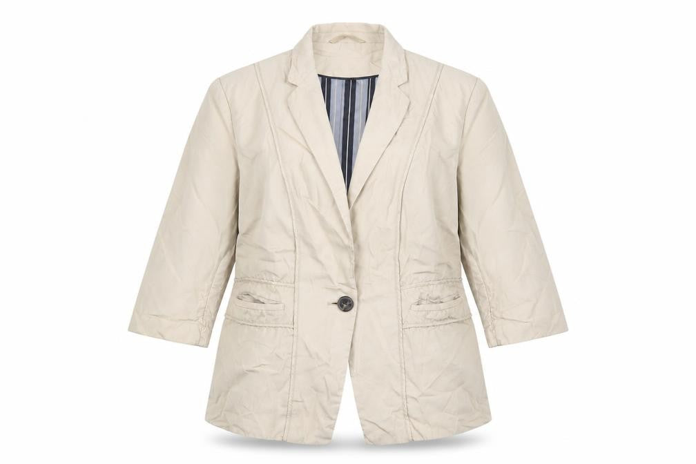 Front view of Autograph women’s beige vinyl jacket blazer, size UK 16