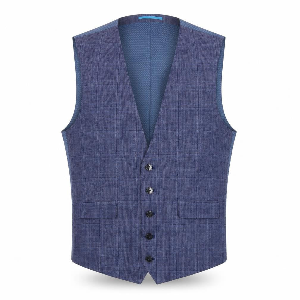 Front view of Burton men’s blue plaid polyester jacket suit waistcoat, size M, regular