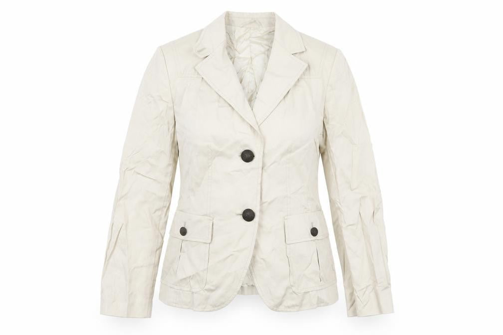 Front view of Jobis women’s beige jacket blazer, size UK 12, button