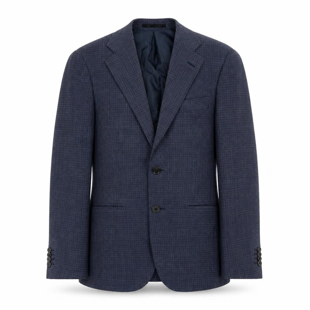 Front view of Only men’s blue plaid polyester jacket blazer, size 38, regular