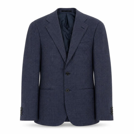 Front view of Only men’s blue plaid polyester jacket blazer, size 38, regular