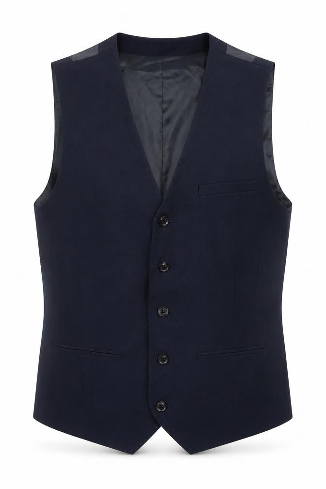 Front view of Topman men’s blue polyester jacket suit waistcoat, size 40, regular