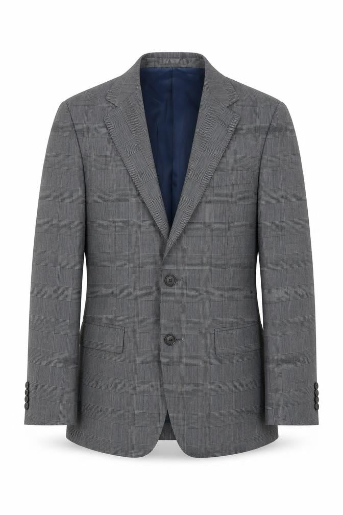 Front view of Elefit men’s grey plaid polyester jacket blazer, size 38, regular