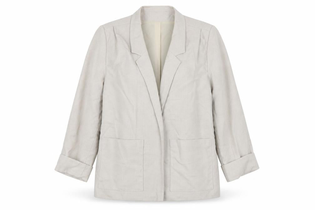 Front view of Miss Smith women’s beige polyester jacket blazer, size UK 14