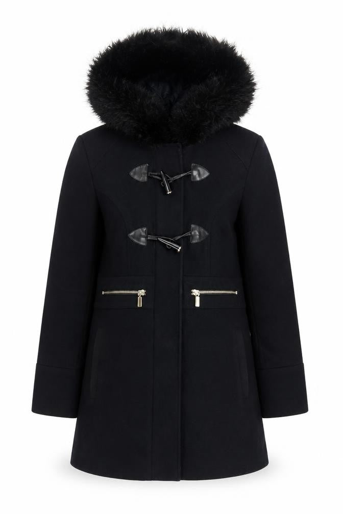 Front view of Miss Selfridge women’s blue pea coat coat, size UK 8, snap