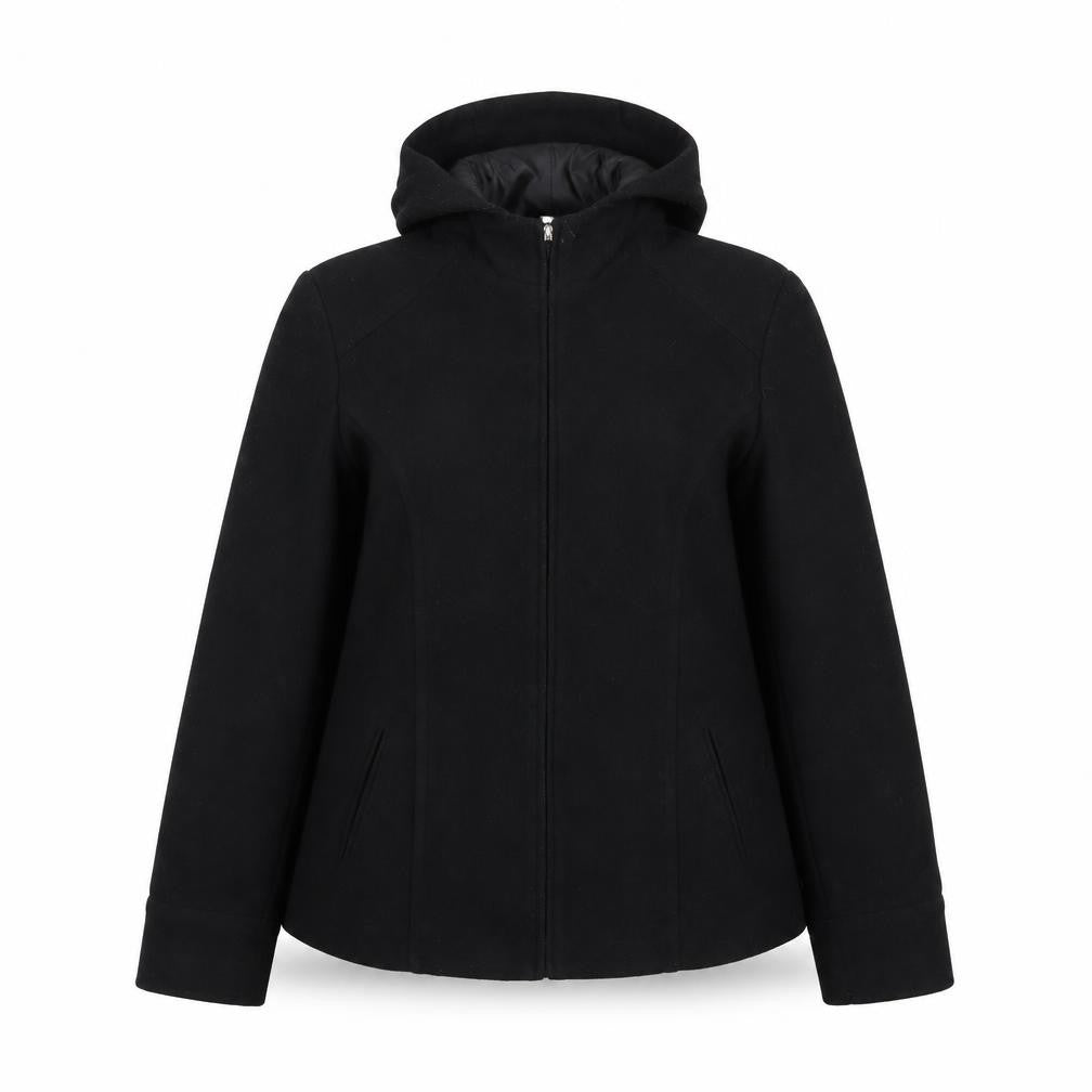 Front view of Dorothy Perkins women’s black jacket coat, size UK 14, zip