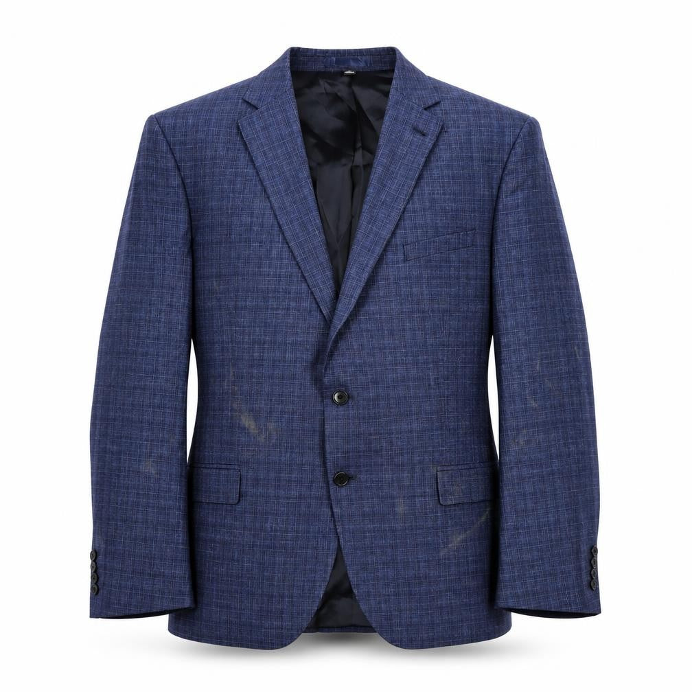 Front view of Marks & Spencer men’s blue plaid polyester jacket blazer, size 48, regular