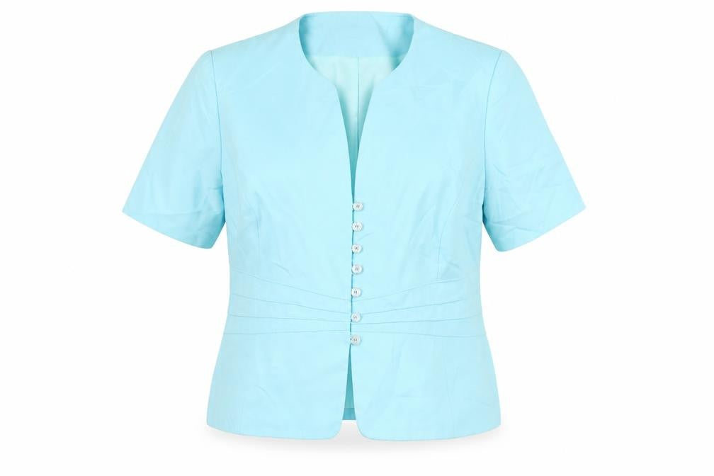 Front view of Country Casuals women’s blue jacket, size UK 16, button