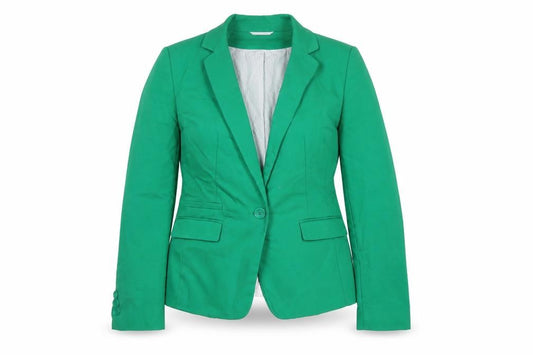 Front view of Marks & Spencer women’s green cotton jacket blazer, size UK 10