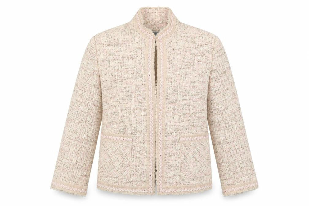 Front view of Marks & Spencer women’s beige jacket, size UK 12, hook & eye