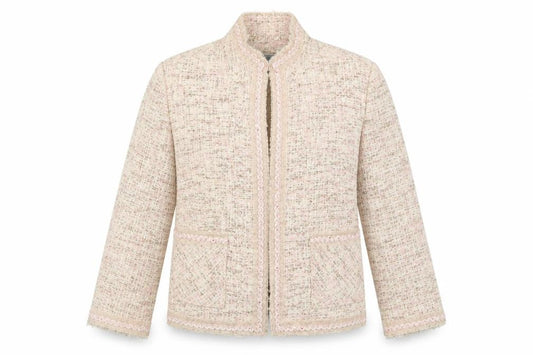 Front view of Marks & Spencer women’s beige jacket, size UK 12, hook & eye
