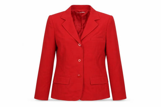 Front view of Episode women’s red jacket, size UK 4, button