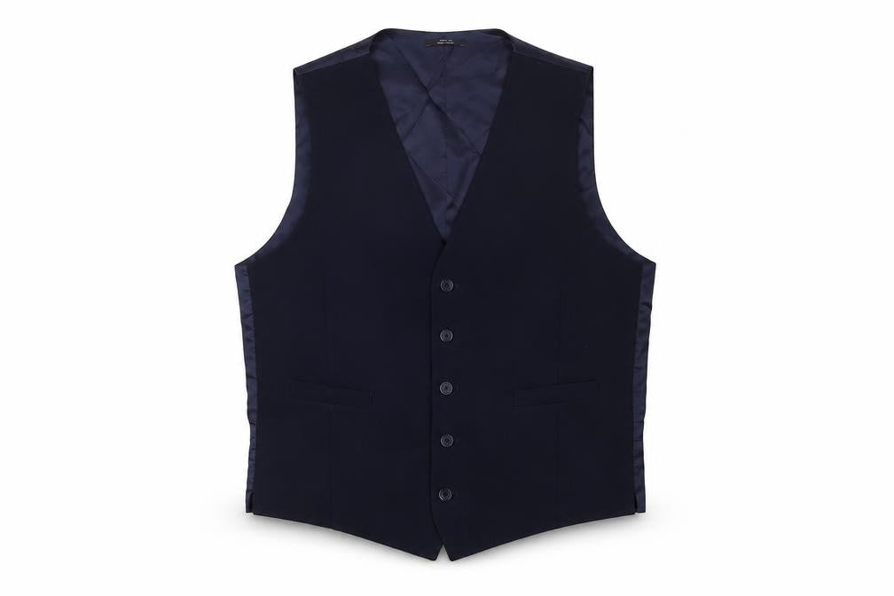 Front view of Marks & Spencer men’s blue wool jacket suit waistcoat, size L, regular