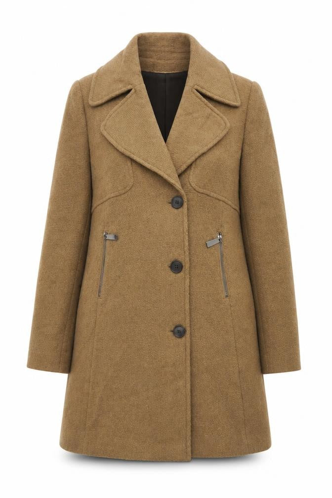 Front view of Next women’s beige overcoat coat, size UK 12, button