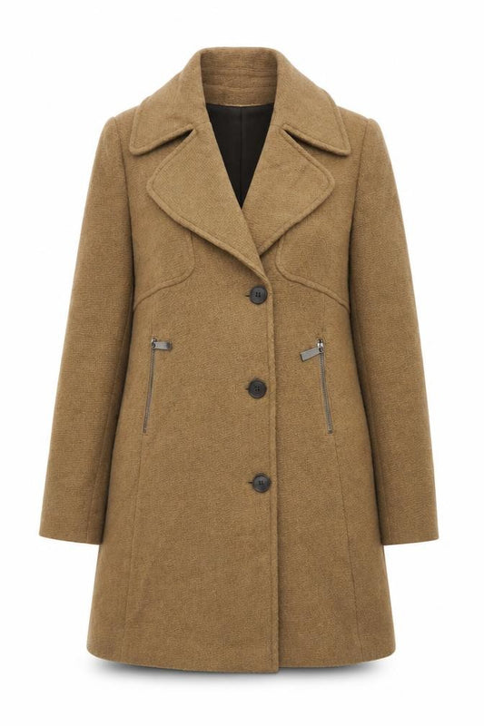 Front view of Next women’s beige overcoat coat, size UK 12, button