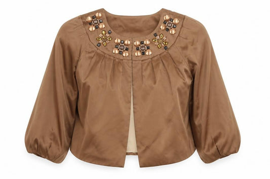 Front view of Autograph women’s brown jacket, size UK 12, hook & eye