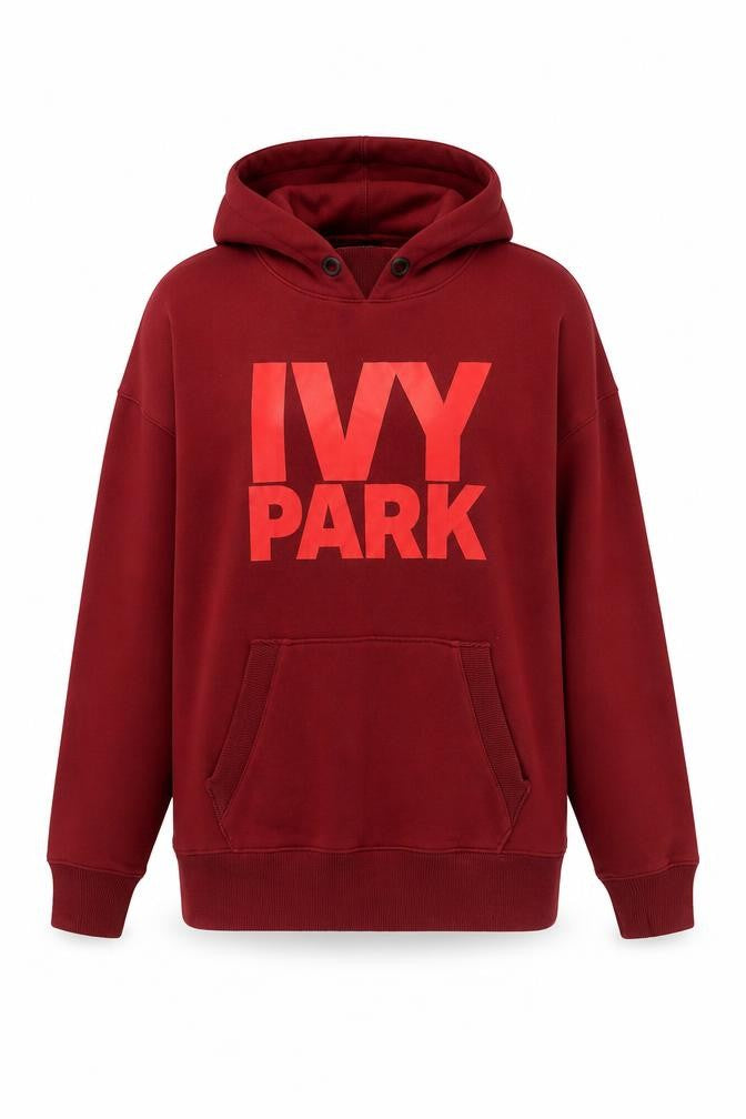 Front view of IVY PARK men’s red cotton pullover hoodie, size XS