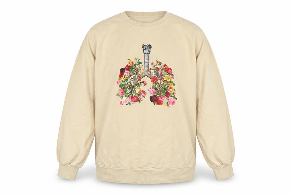 Front view of Chicyea women’s beige cotton pullover sweatshirt, size L, pullover