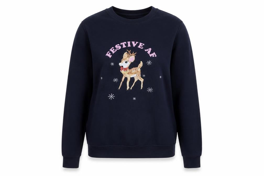 Front view of Skinny Dip women’s blue cotton pullover sweatshirt, size S, pullover - christmas
