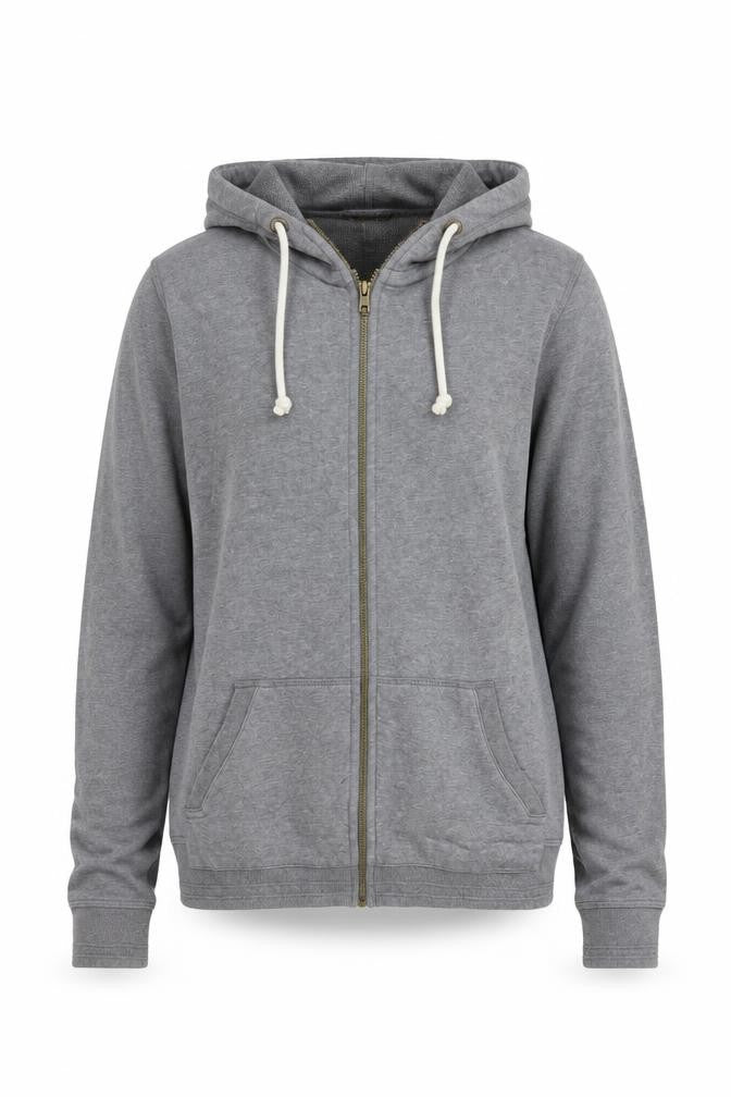 Front view of FatFace women’s grey cotton full zip hoodie, size UK 8, zip