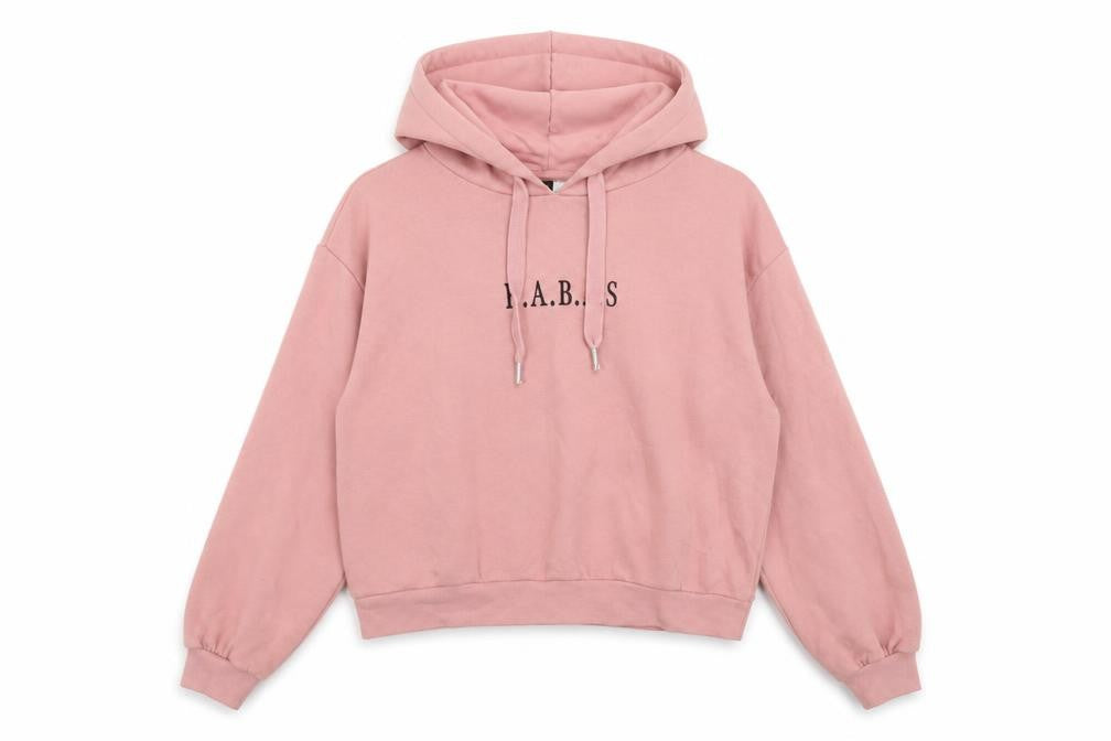 Front view of H&M women’s pink cotton pullover hoodie, size S, pullover