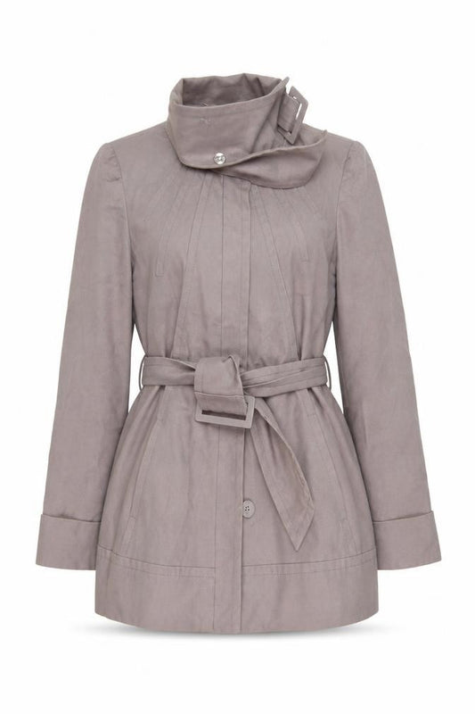 Front view of Warehouse women’s grey pea coat coat, size UK 12, button