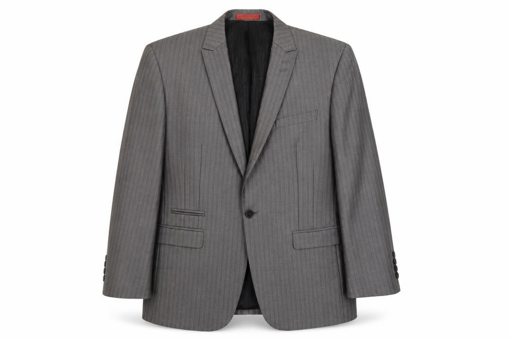 Front view of Skoples men’s grey striped polyester jacket suit jacket, size 38, regular