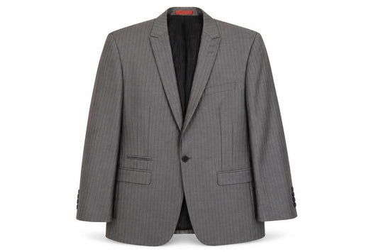 Front view of Skoples men’s grey striped polyester jacket suit jacket, size 38, regular