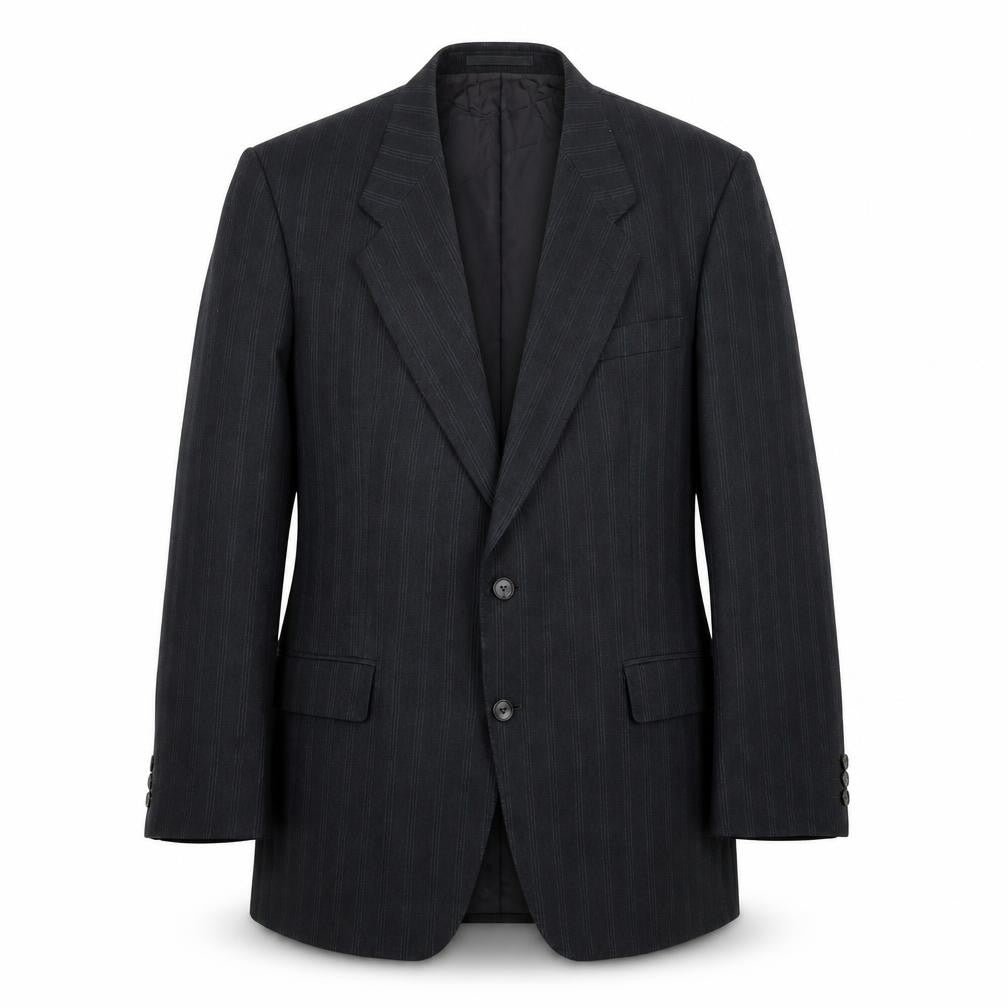Front view of Daniel Drescott men’s grey striped wool jacket suit jacket, size 44, regular