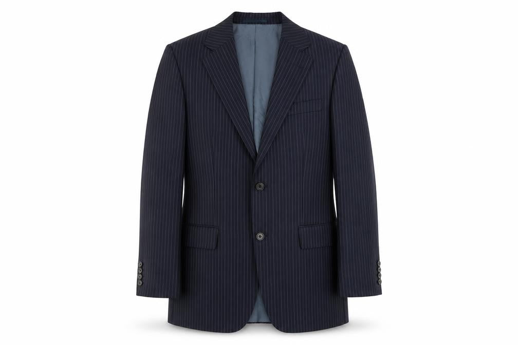 Front view of BOSS men’s blue striped wool jacket suit jacket, size 40, regular