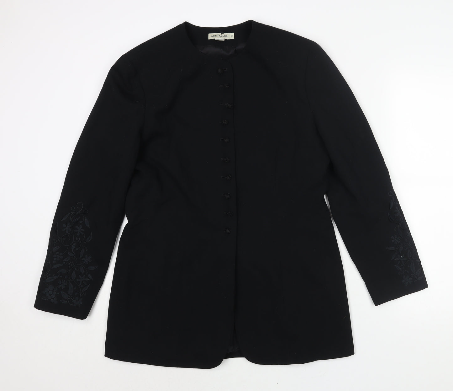 Ann Tayolor Womens Black Jacket Size 12 Button - Floral Embroidered Sleeves