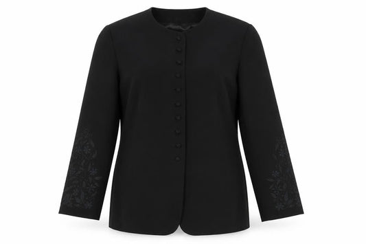 Front view of Ann Tayolor women’s black jacket, size UK 12, button - floral embroidered sleeves