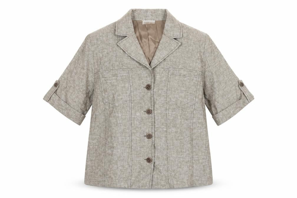 Front view of Frank Walder women’s beige jacket, size UK 18, button - stitch detail