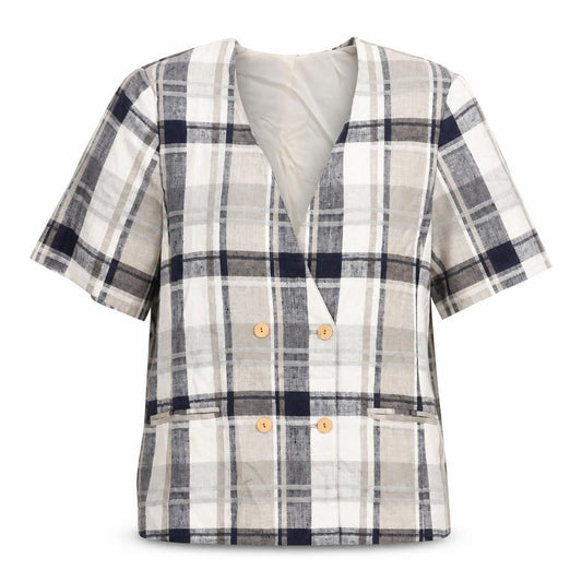 Front view of Fashion Extra women’s beige check jacket, size UK 16, button - double breasted