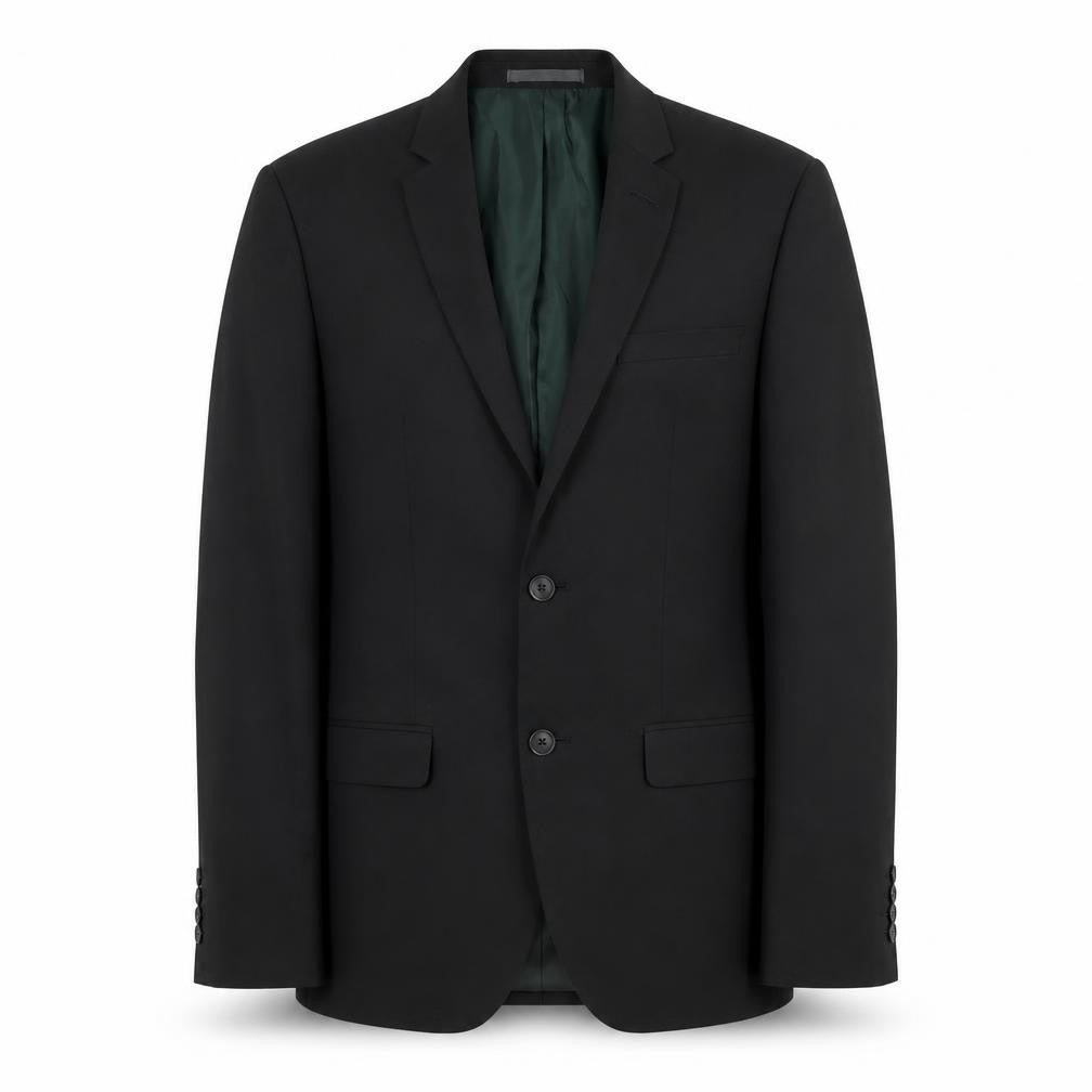 Front view of River Island men’s black polyester jacket suit jacket, size 38, regular