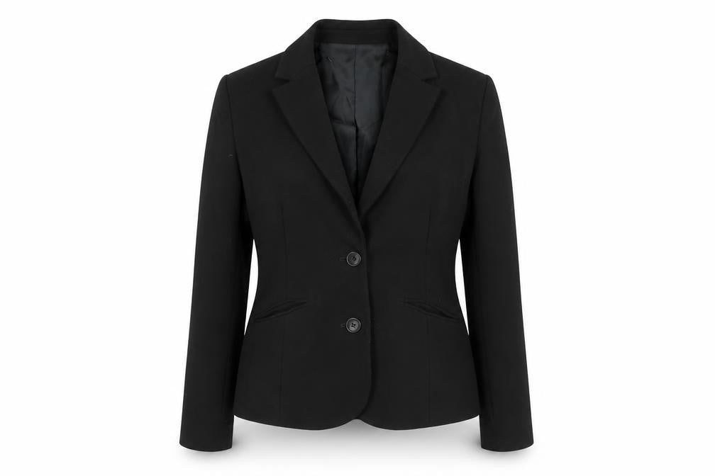 Front view of John Lewis women’s black viscose jacket suit jacket, size UK 8
