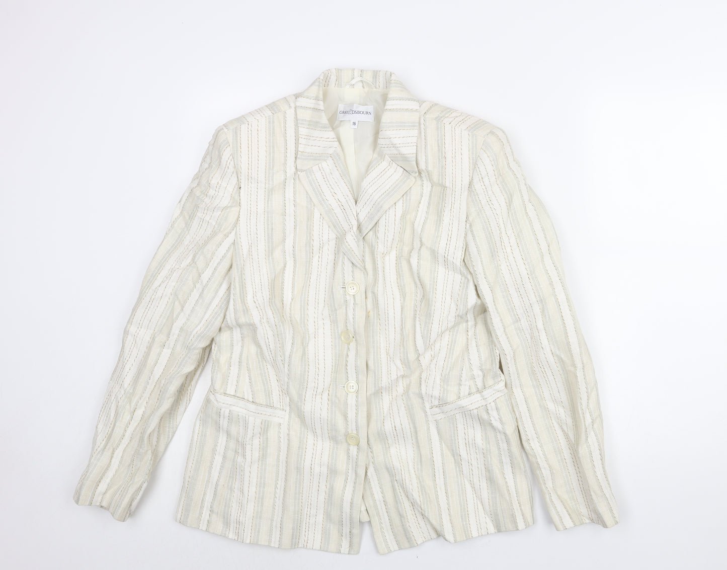 Gray & Osbourn Womens Ivory Striped Jacket Blazer Size 16 Button