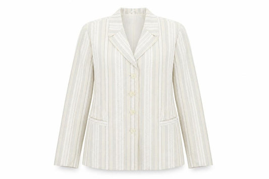 Front view of Gray & Osbourn women’s ivory striped jacket blazer, size UK 16, button