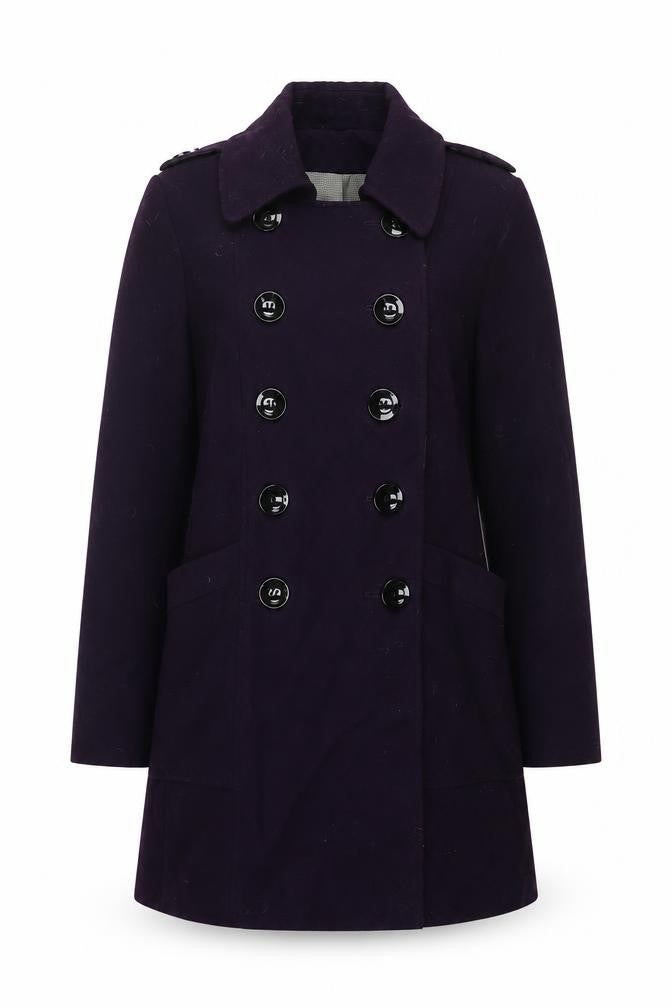 Front view of Marks & Spencer women’s purple pea coat coat, size UK 12, button - double breasted