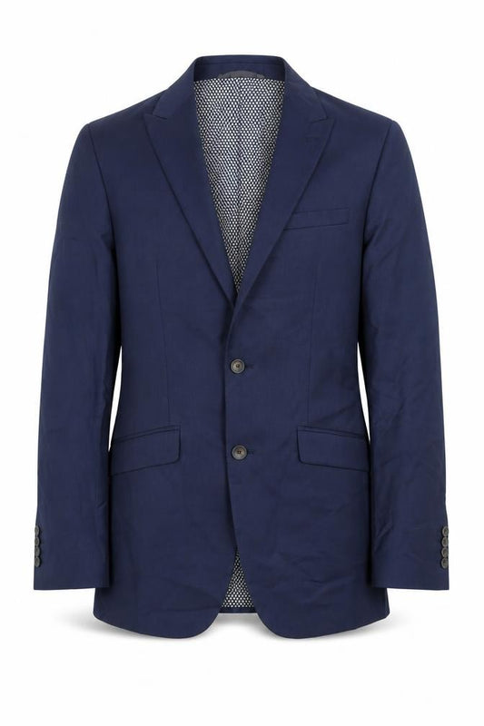 Front view of Marks & Spencer men’s blue polyester jacket suit jacket, size 34, regular