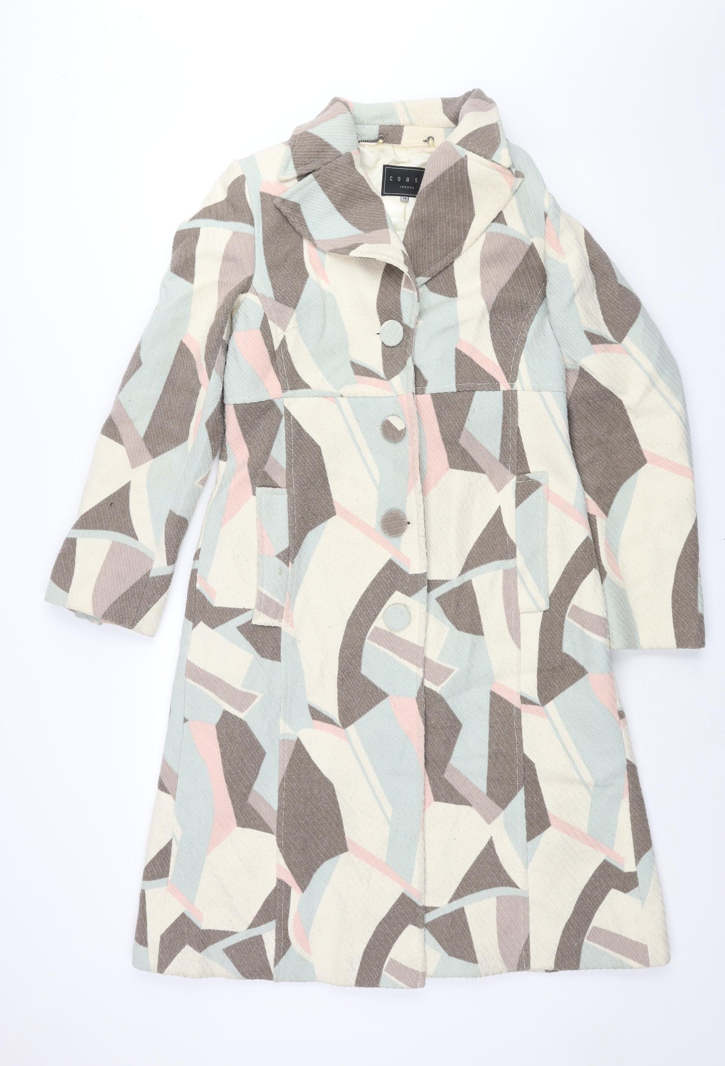 Coast Womens Multicoloured Geometric Overcoat Coat Size 14 Button