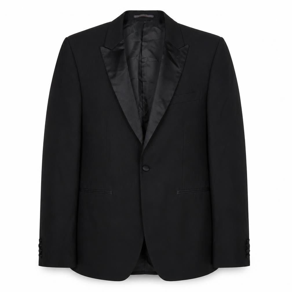 Front view of Next men’s black polyester tuxedo suit jacket, size 42, regular