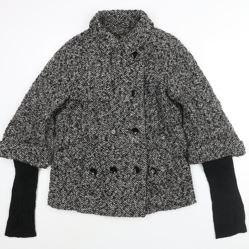 Marvin Richards Womens Black Herringbone Pea Coat Coat Size L Button - Ribbed Knit Sleeve Thumhole
