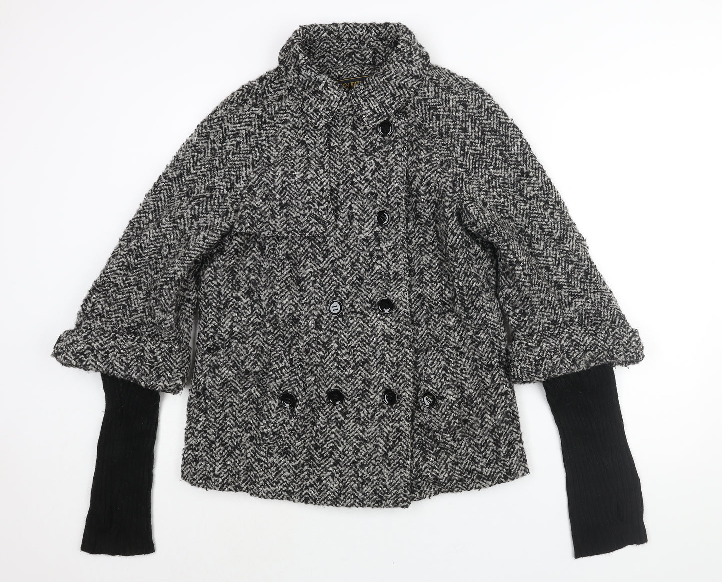 Marvin Richards Womens Black Herringbone Pea Coat Coat Size L Button - Ribbed Knit Sleeve Thumhole